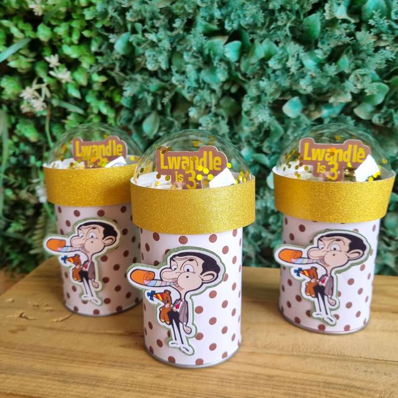 MR BEAN PRINGLES  birthday party themed decor glitter shaker style personalized with name and age
