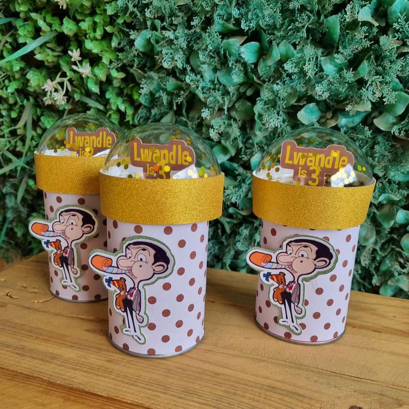 MR BEAN PRINGLES  birthday party themed decor glitter shaker style personalized with name and age