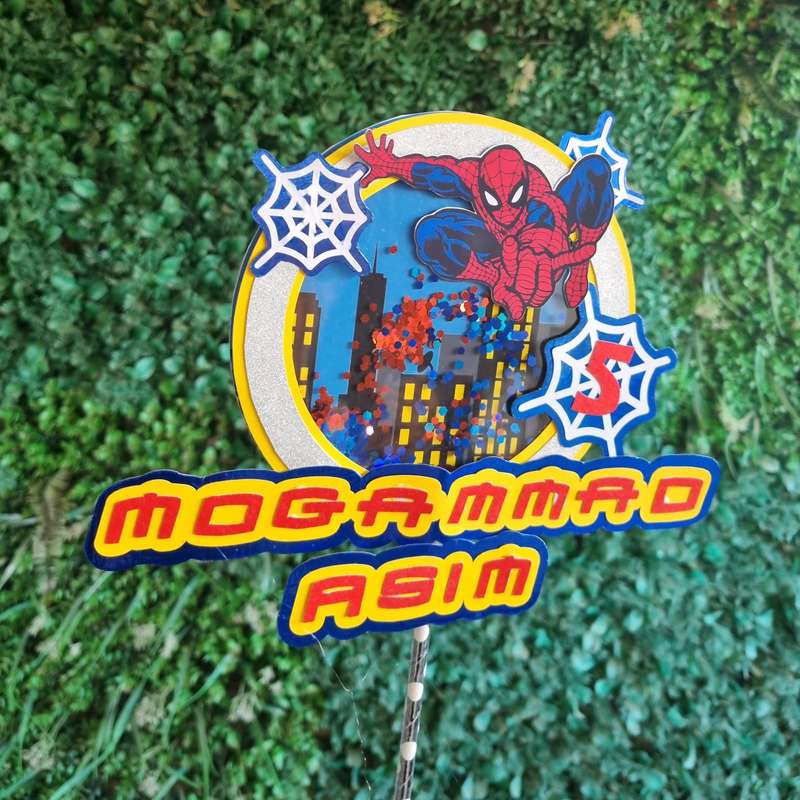 SPIDERMAN CAKE TOPPER birthday party themed decor glitter shaker style personalized with name and...