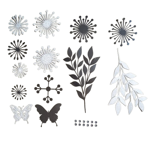 DO IT YOURSELF SET OF 5 PAPER FLOWERS WITH PAPER BUTTERFLIES AND LEAVES WHITE AND SILVER, Nursery...