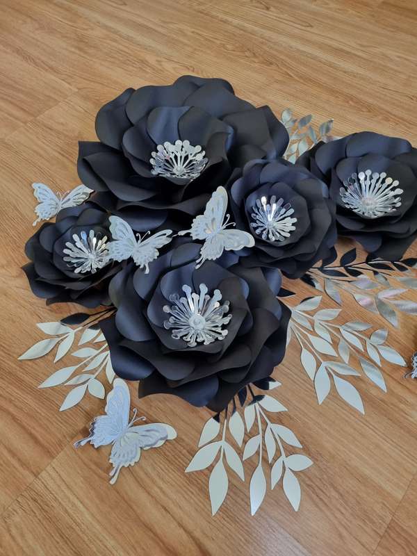 DO IT YOURSELF SET OF 5 PAPER FLOWERS WITH PAPER BUTTERFLIES AND LEAVES BLACK AND SILVER, Nursery...