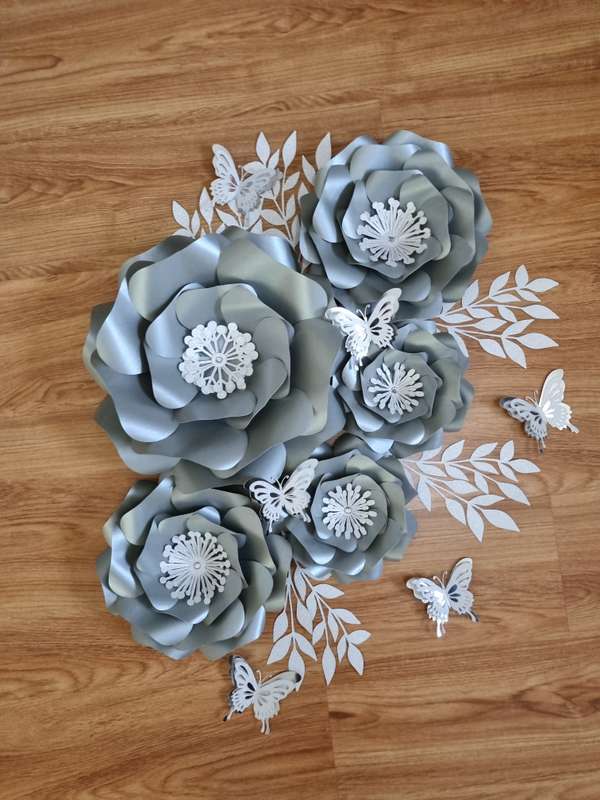 DO IT YOURSELF SET OF 5 PAPER FLOWERS WITH PAPER BUTTERFLIES AND LEAVES GREY AND SILVER, Nursery ...