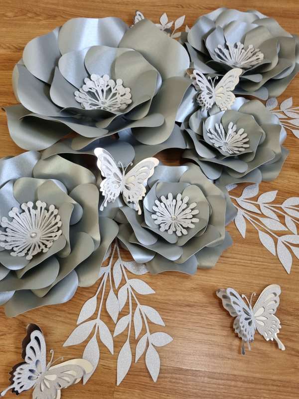 DO IT YOURSELF SET OF 5 PAPER FLOWERS WITH PAPER BUTTERFLIES AND LEAVES GREY AND SILVER, Nursery ...