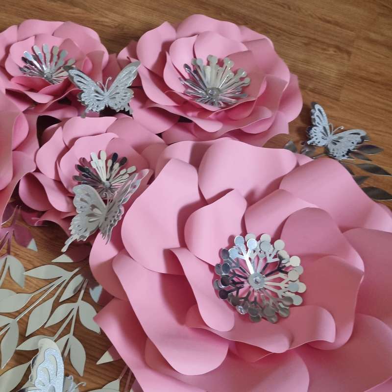 DO IT YOURSELF SET OF 5 PAPER FLOWERS WITH PAPER BUTTERFLIES AND LEAVES PINK AND SILVER, Nursery ...