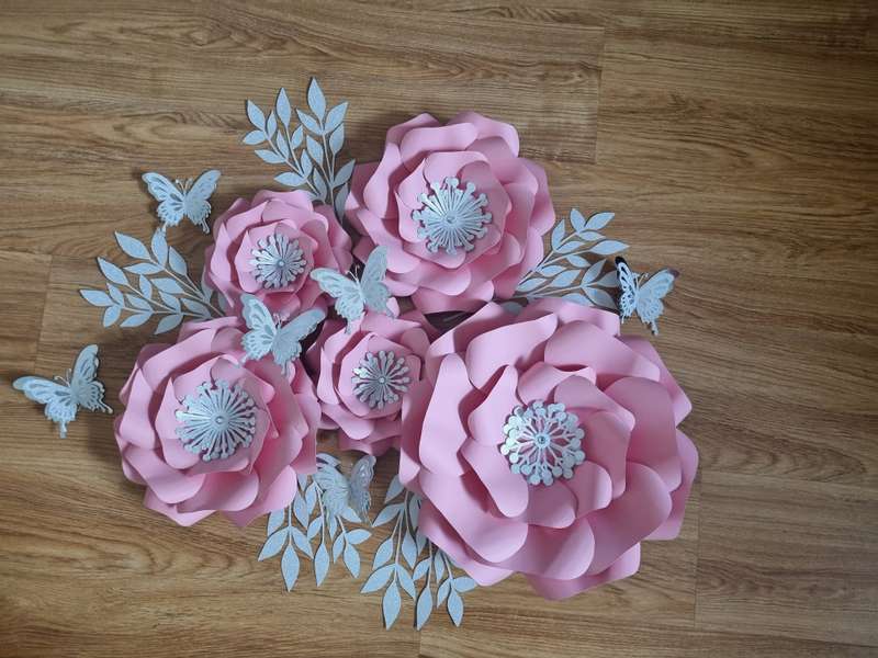 DO IT YOURSELF SET OF 5 PAPER FLOWERS WITH PAPER BUTTERFLIES AND LEAVES PINK AND SILVER, Nursery ...