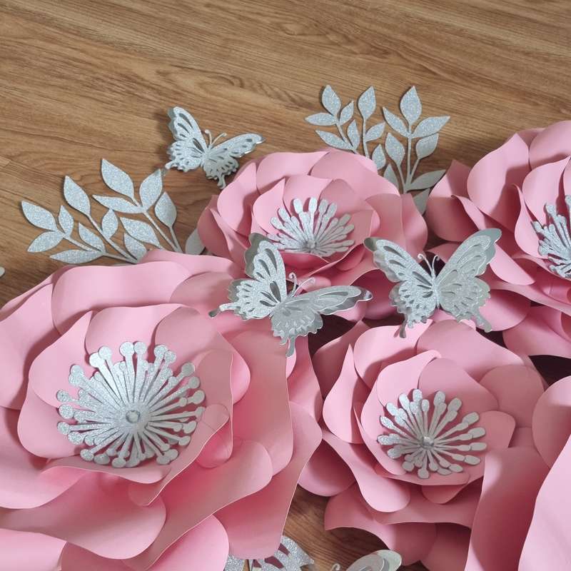 DO IT YOURSELF SET OF 5 PAPER FLOWERS WITH PAPER BUTTERFLIES AND LEAVES PINK AND SILVER, Nursery ...
