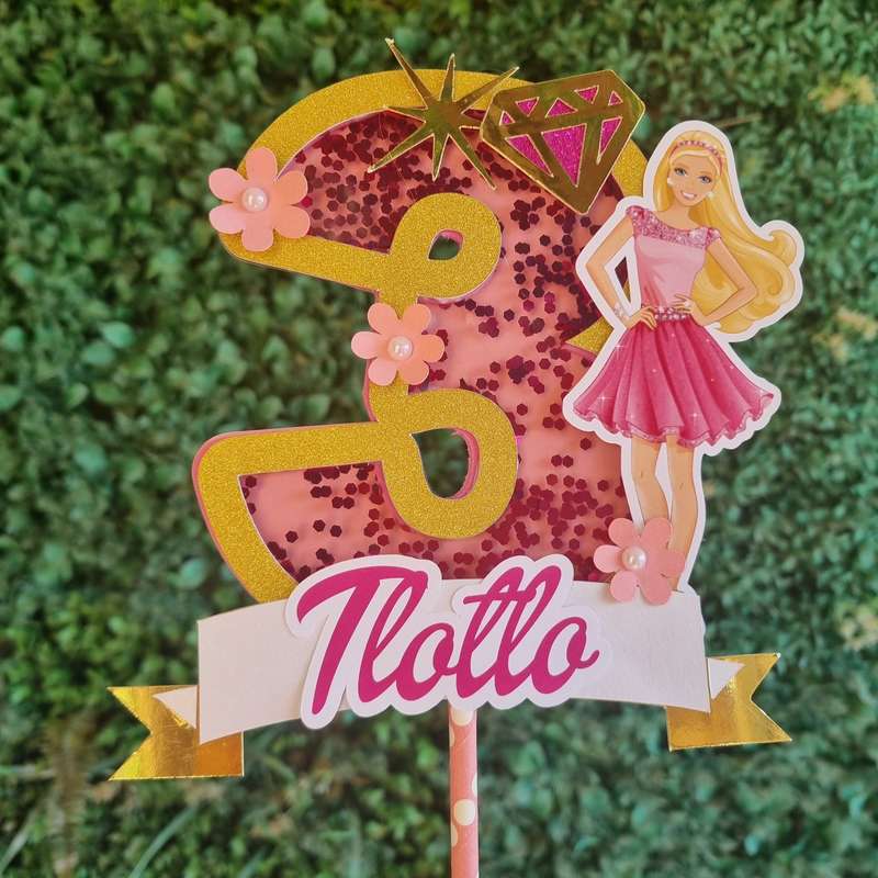 BARBIE CAKE TOPPER  C birthday party themed decor glitter shaker style personalized with name and...