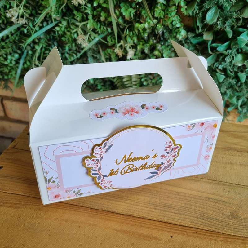PINK FLOWERS PARTY PACK 5 BOXES only, personalized kiddies birthday party themed decor party boxe...