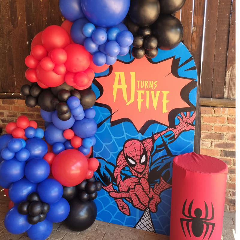Spiderman Full Print Chiara Backdrop with Organic Balloon Garland and Plinths