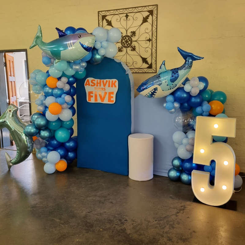 UNDER THE SEA SHARK Double Chiara Backdrop with Organic Balloon Garland and Marquee Number