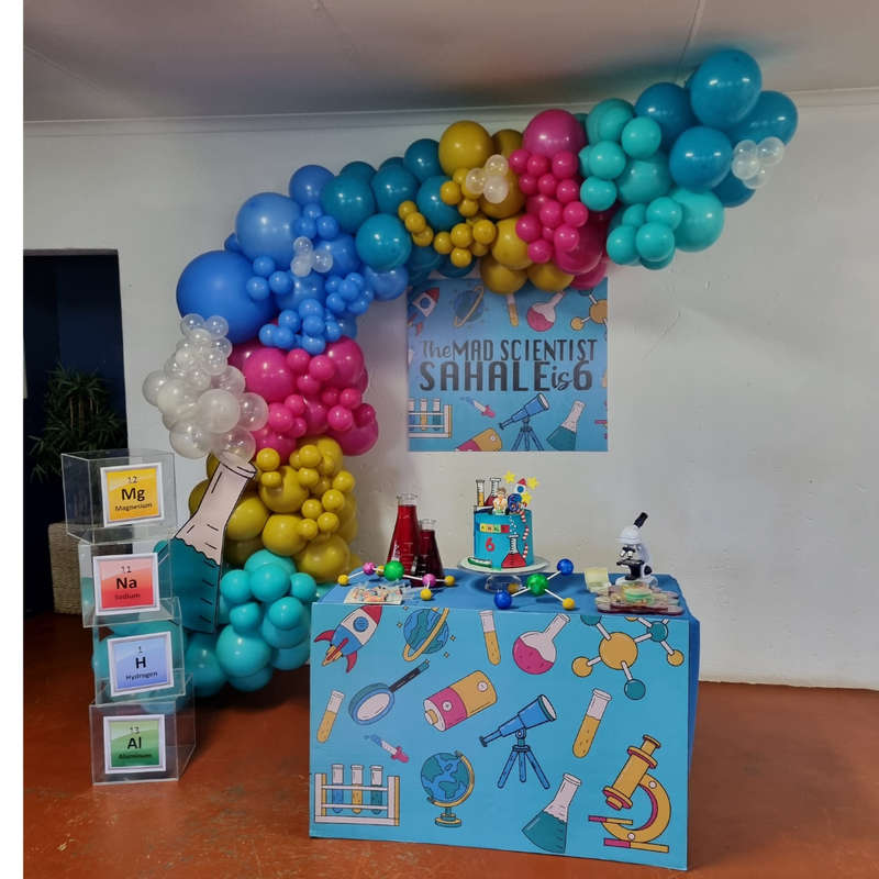 SCIENCE THEME EVENT DECOR Balloon Garland, Banner and Main Table