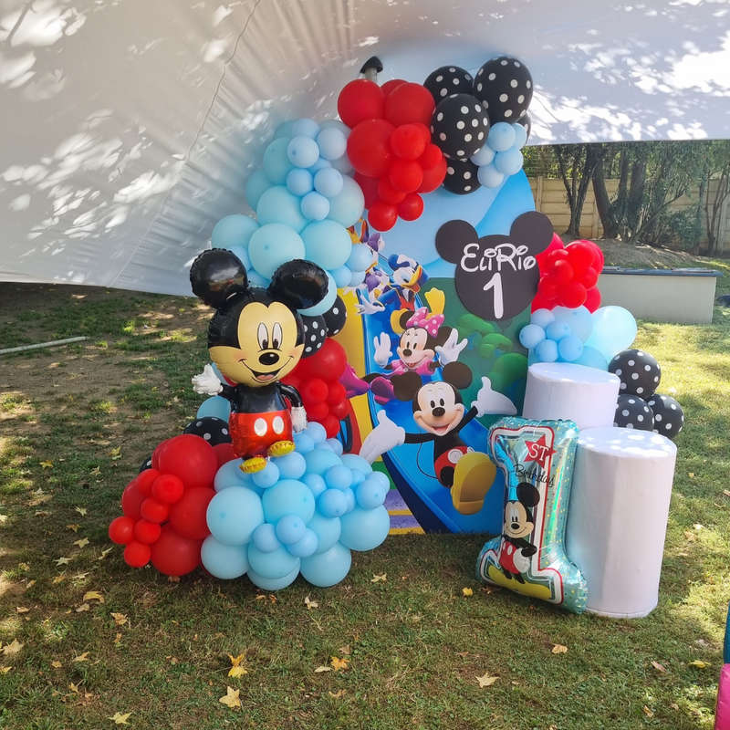Mickey Mouse Full Print Chiara Backdrop with Organic Balloon Garland and Plinths
