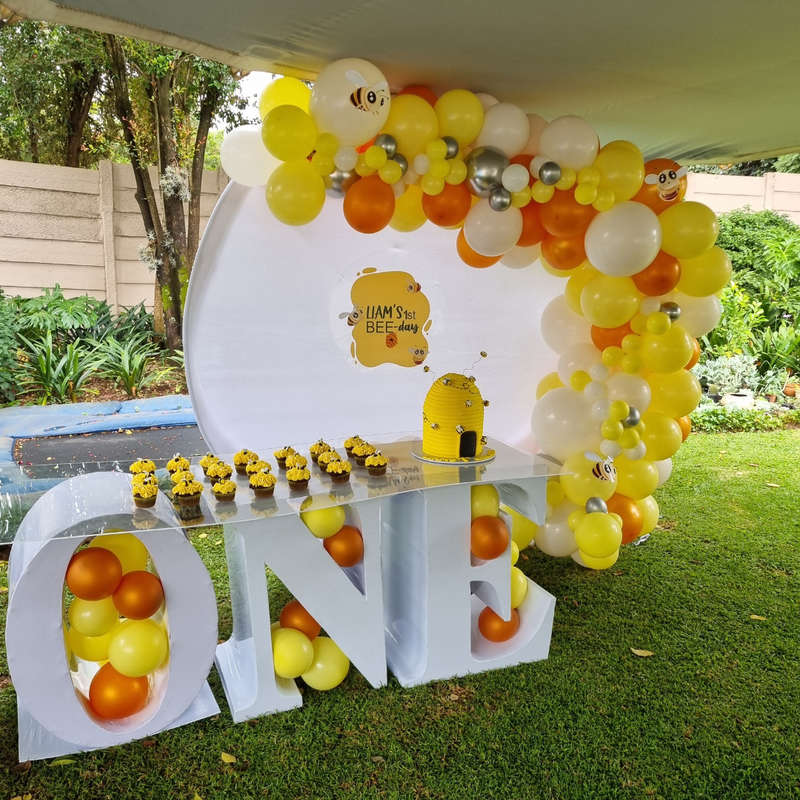BEE-DAY Bee Themed Event Decor with Balloon Garland and ONE Table