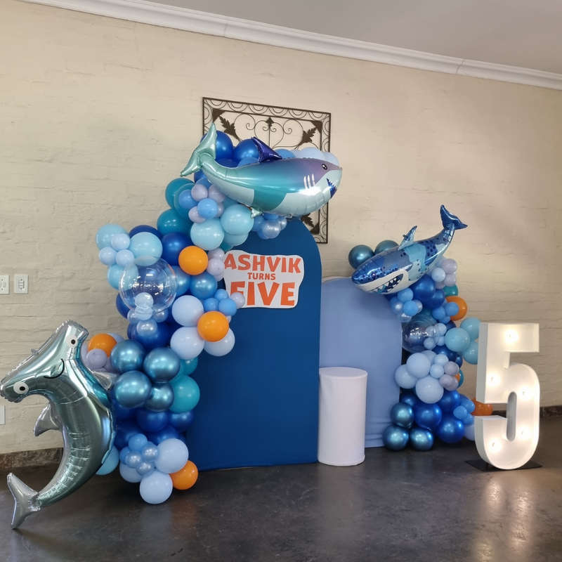 UNDER THE SEA SHARK Double Chiara Backdrop with Organic Balloon Garland and Marquee Number