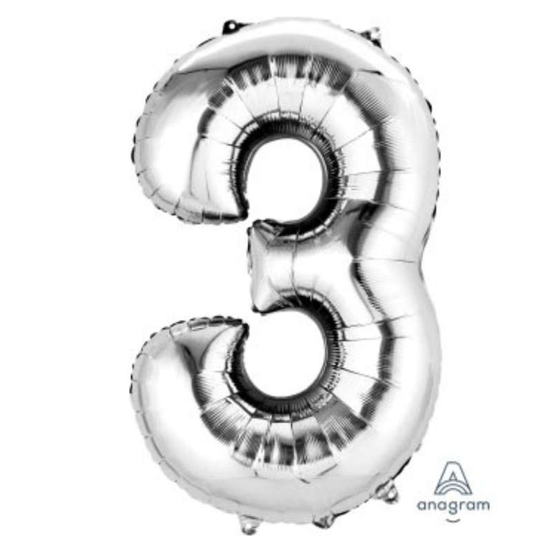 FOIL BALLOON  LARGE SILVER THREE 3
