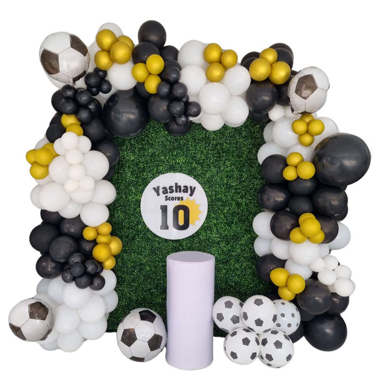 SOCCER EVENT DECOR Green Backdrop Balloon Garland and Plinth