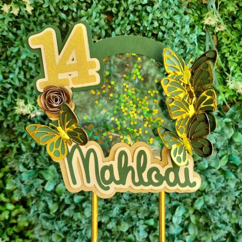 BUTTERFLY CAKE TOPPER birthday party themed decor glitter shaker style personalized with name and...