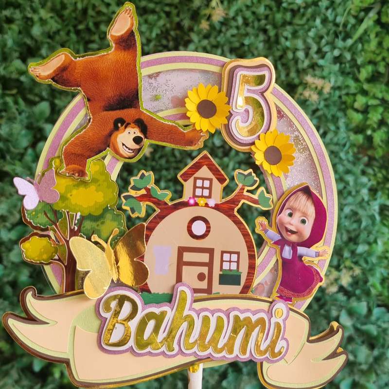 MASHA AND THE BEAR CAKE TOPPER birthday party themed decor glitter shaker style personalized with...