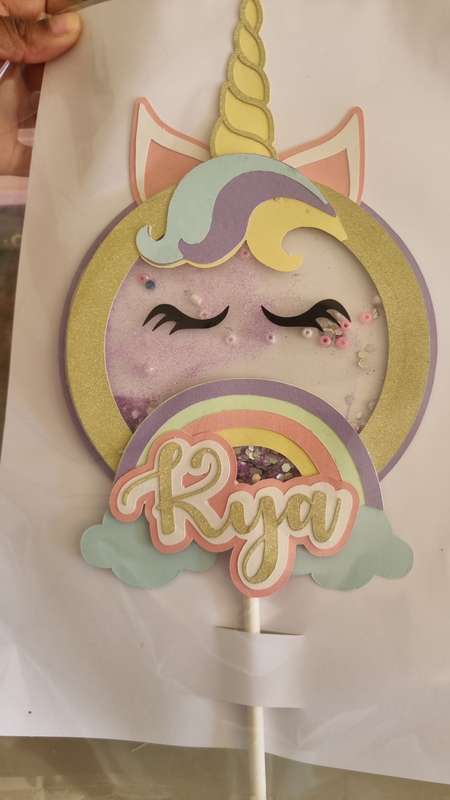 UNICORN CAKE TOPPER  birthday party themed decor glitter shaker style personalized with name and age