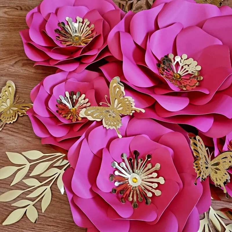 DO IT YOURSELF SET OF 5 PAPER FLOWERS WITH PAPER BUTTERFLIES AND LEAVES BRIGHT PINK/CERISE AND GO...