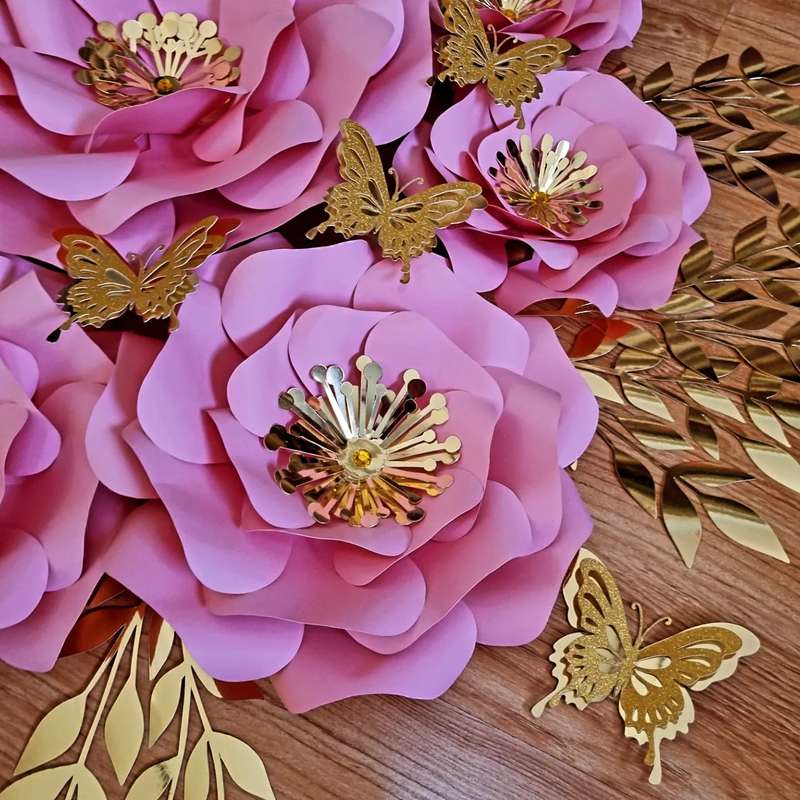 DO IT YOURSELF SET OF 5 PAPER FLOWERS WITH PAPER BUTTERFLIES AND LEAVES PINK AND GOLD, Nursery pa...