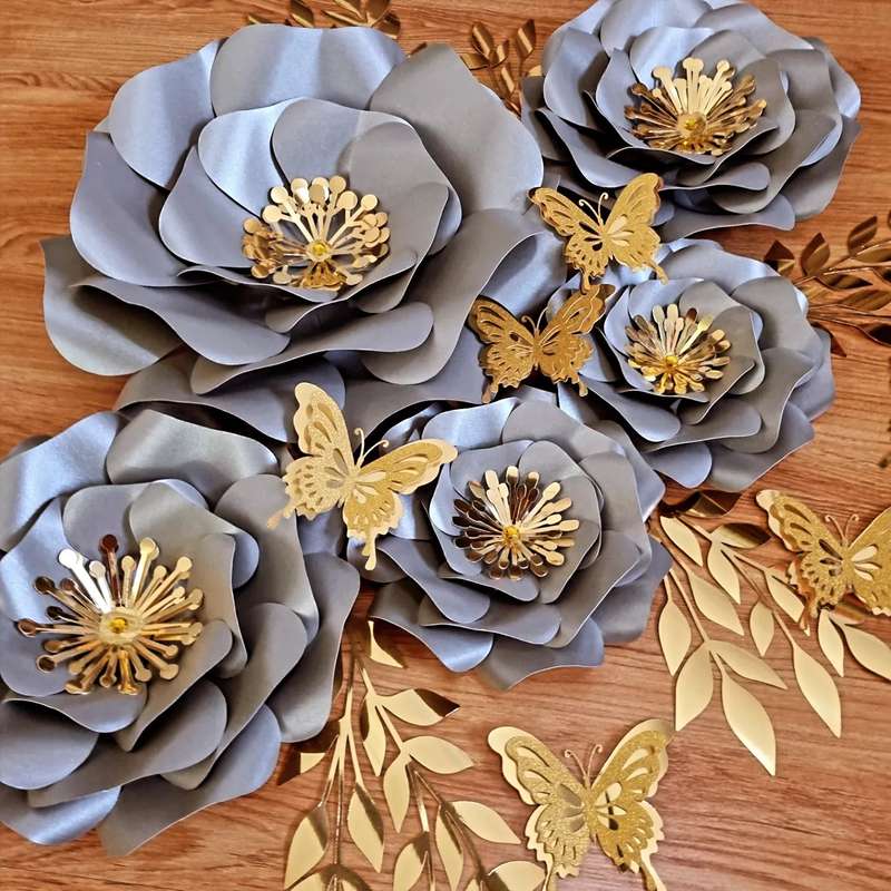 DO IT YOURSELF SET OF 5 PAPER FLOWERS WITH PAPER BUTTERFLIES AND LEAVES GREY AND GOLD, Nursery pa...