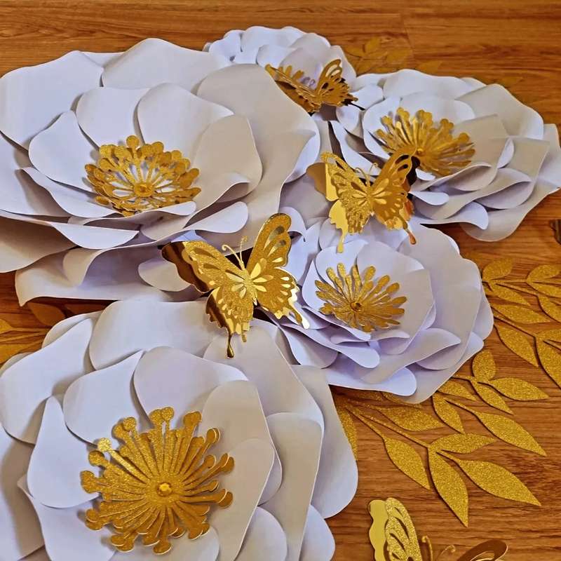 DO IT YOURSELF SET OF 5 PAPER FLOWERS WITH PAPER BUTTERFLIES AND LEAVES WHITE AND GOLD, Nursery p...