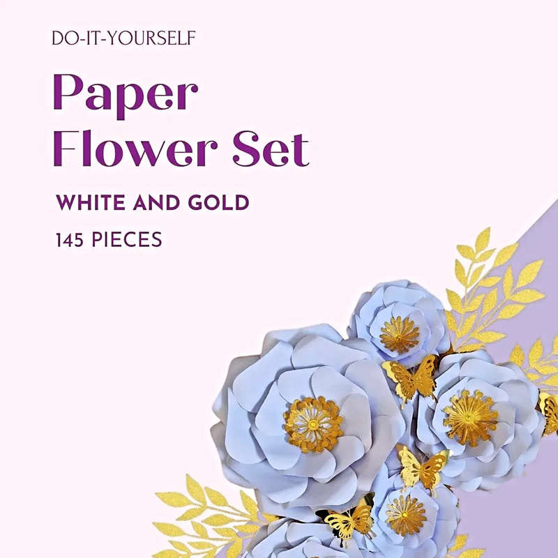 DO IT YOURSELF SET OF 5 PAPER FLOWERS WITH PAPER BUTTERFLIES AND LEAVES BLACK AND GOLD, Nursery p...