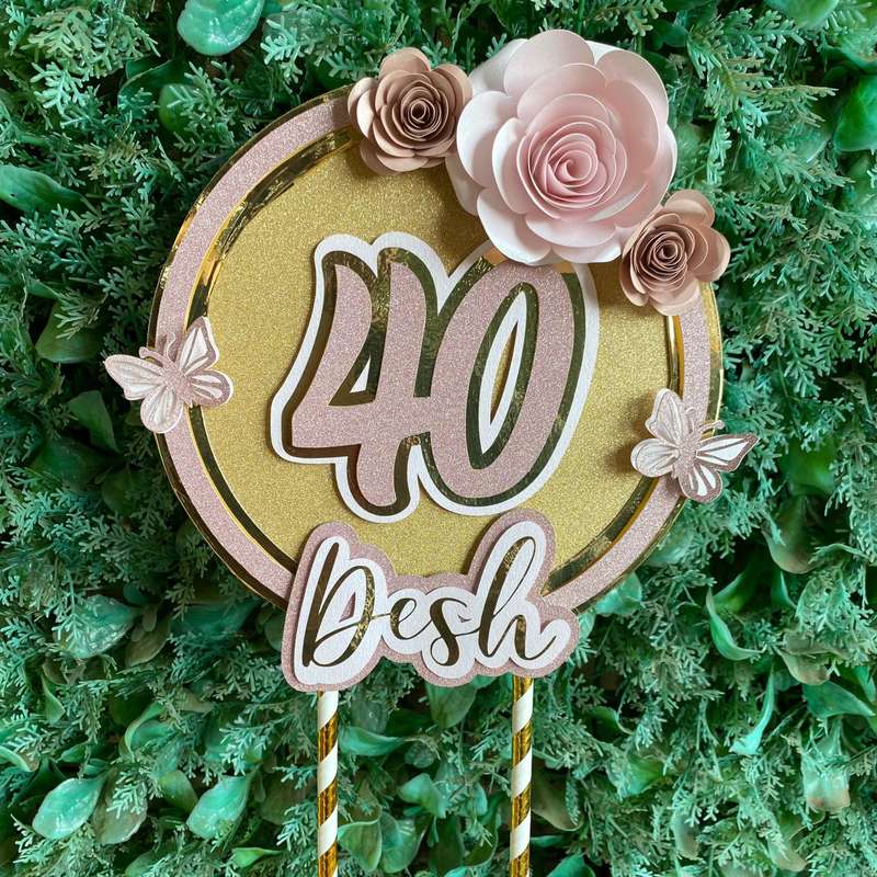 FLOWER CAKE TOPPER  B birthday party themed decor glitter shaker style personalized with name and...