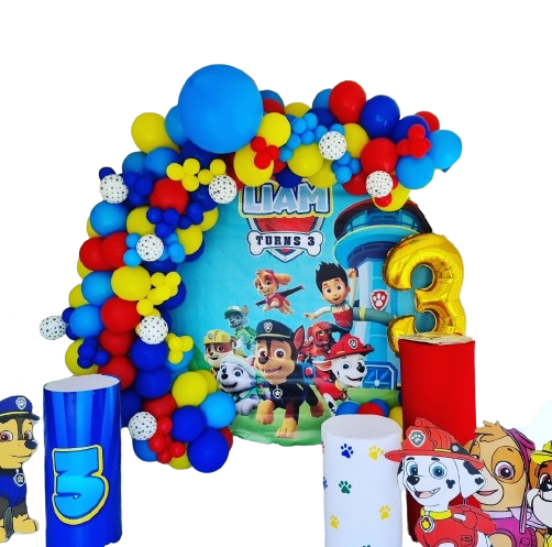 PAW PATROL PARTY DECOR, Round Backdrop Balloon Garland Plinth and Character Cutouts