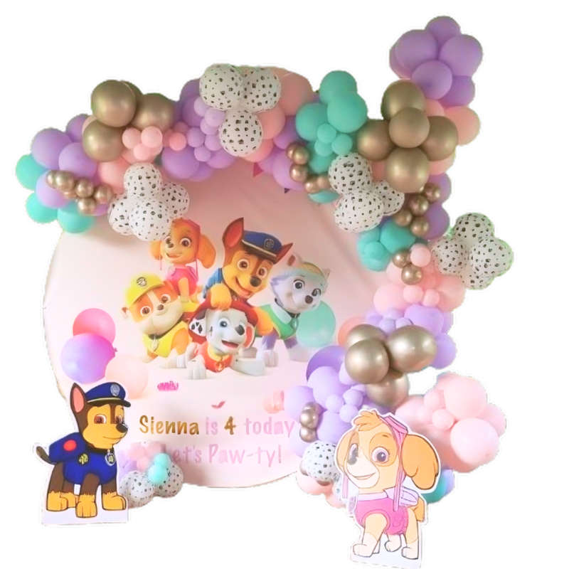 PAW PATROL GIRL PARTY DECOR Round Backdrop Balloon Garland and Character Cutouts