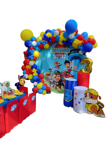 PAW PATROL PARTY DECOR, Round Backdrop Balloon Garland Plinth and Character Cutouts