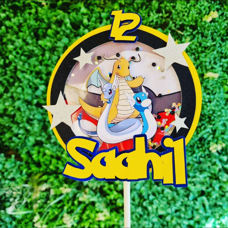 POKEMON CAKE TOPPER birthday party themed decor glitter shaker style personalized with name and age