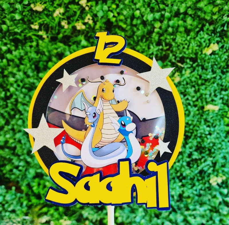 POKEMON CAKE TOPPER birthday party themed decor glitter shaker style personalized with name and age