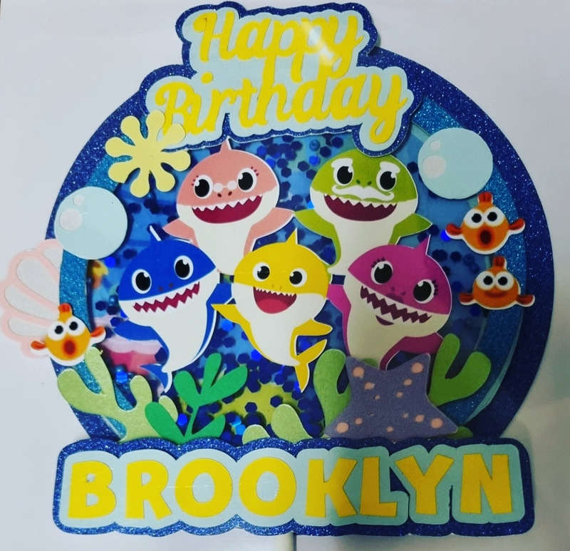 BABY SHARK CAKE TOPPER birthday party themed decor glitter shaker style personalized with name an...
