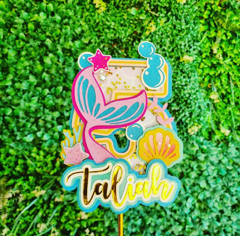 MERMAID CAKE TOPPER  B birthday party themed decor glitter shaker style personalized with name an...