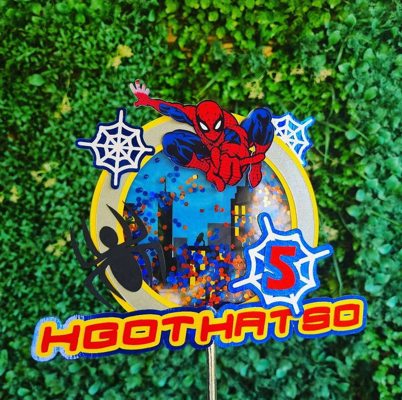 SPIDERMAN CAKE TOPPER birthday party themed decor glitter shaker style personalized with name and...
