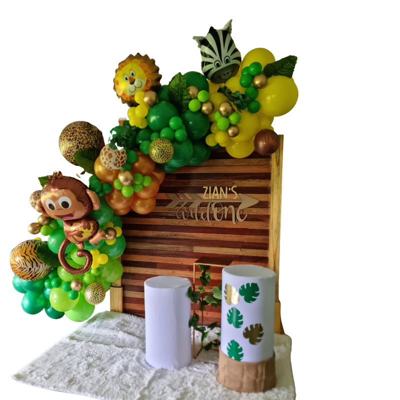 WILD ONE PARTY DECOR V2 Wooden Rectangular Backdrop Balloon Garland and Plinths