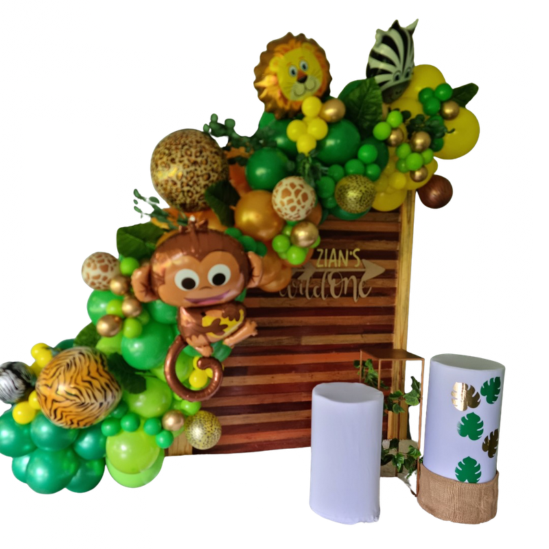 WILD ONE PARTY DECOR V2 Wooden Rectangular Backdrop Balloon Garland and Plinths