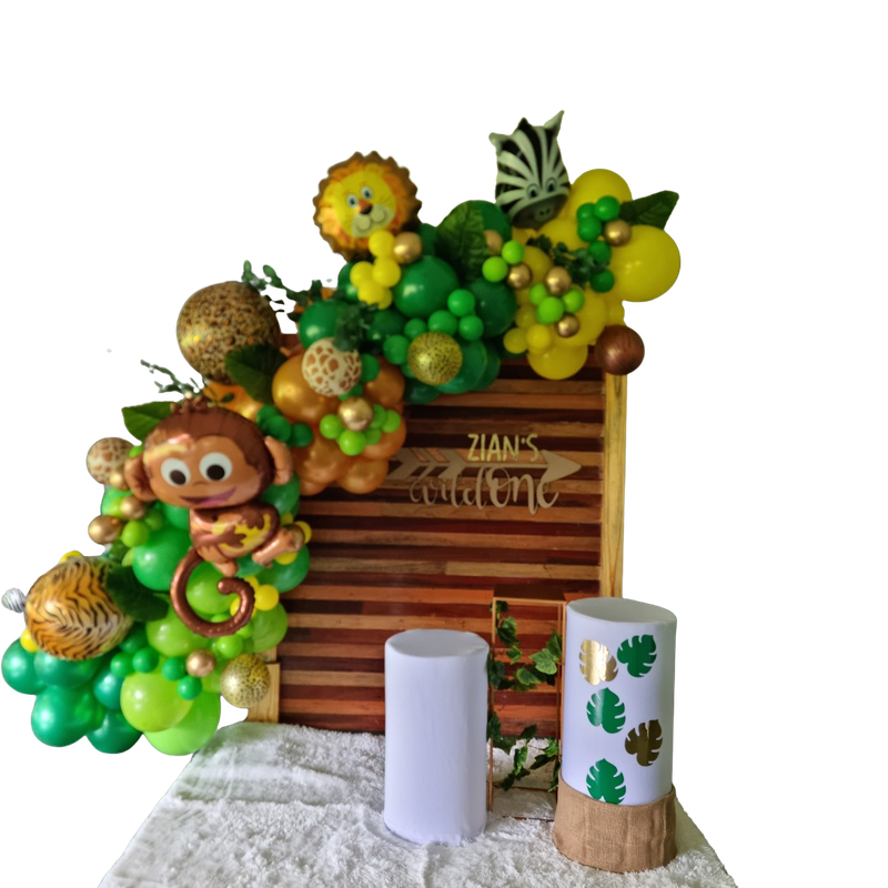 WILD ONE PARTY DECOR V2 Wooden Rectangular Backdrop Balloon Garland and Plinths