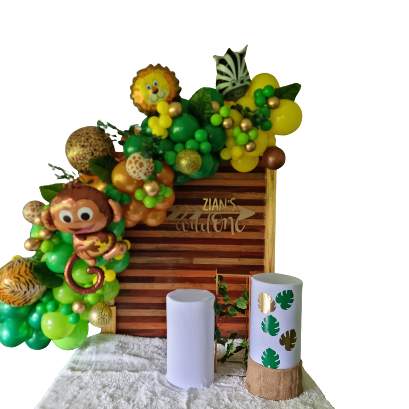 WILD ONE PARTY DECOR V2 Wooden Rectangular Backdrop Balloon Garland and Plinths