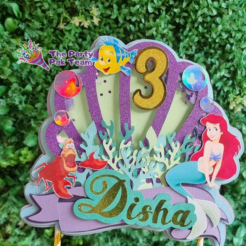 ARIEL THE LITTLE MERMAID CAKE TOPPER birthday party themed decor glitter shaker style personalize...