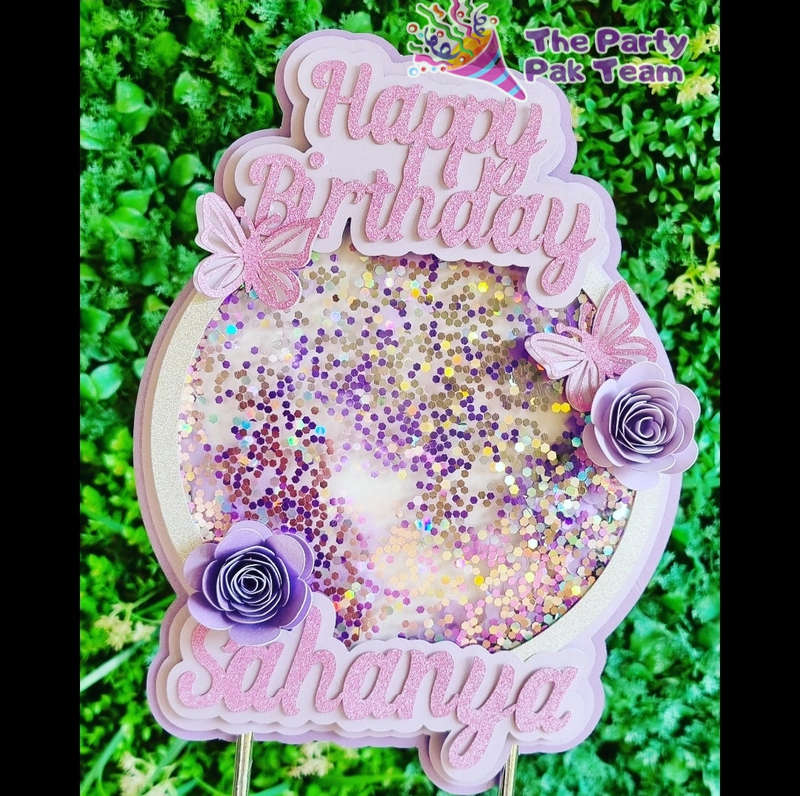 FLOWER AND BUTTERFLY PURPLE CAKE TOPPER birthday party themed decor glitter shaker style personal...