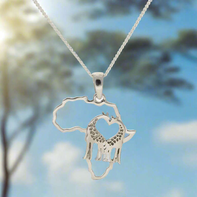 Kissing Giraffes Sterling Silver Africa Outline Necklace