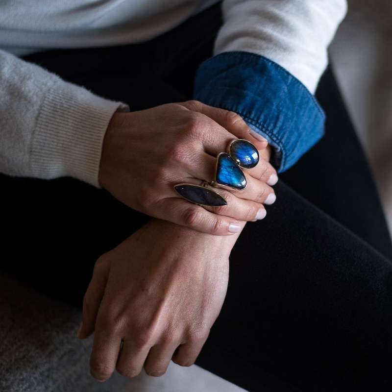 Labradorite Dreams: Handcrafted Sterling Silver Ring Set on Tri-Band Texture