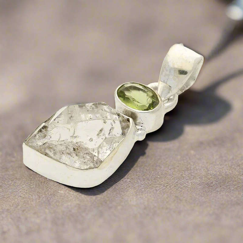 Herkimer & Peridot Silver Pendant - Manifest & Flourish