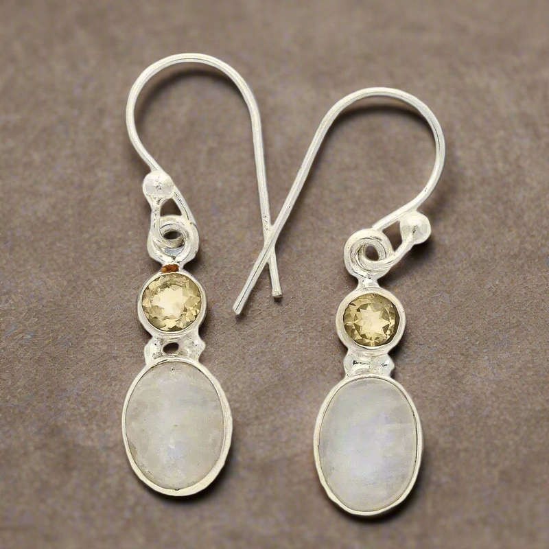Moonstone & Citrine Sterling Silver Earrings - Tranquility & Abundance
