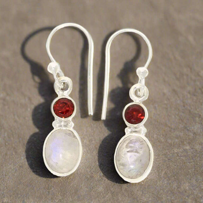 Moonstone & Garnet Sterling Silver Earrings - Serenity & Strength