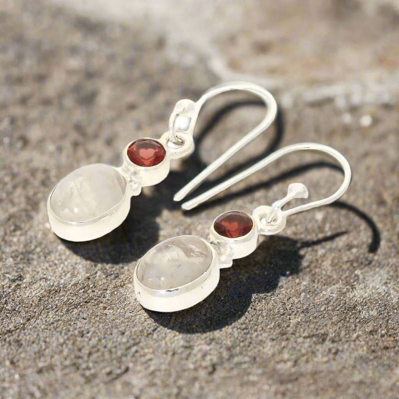 Moonstone & Garnet Sterling Silver Earrings - Serenity & Strength