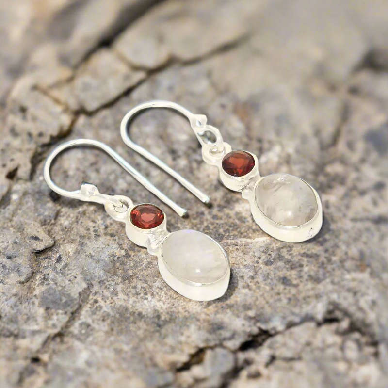 Moonstone & Garnet Sterling Silver Earrings - Serenity & Strength